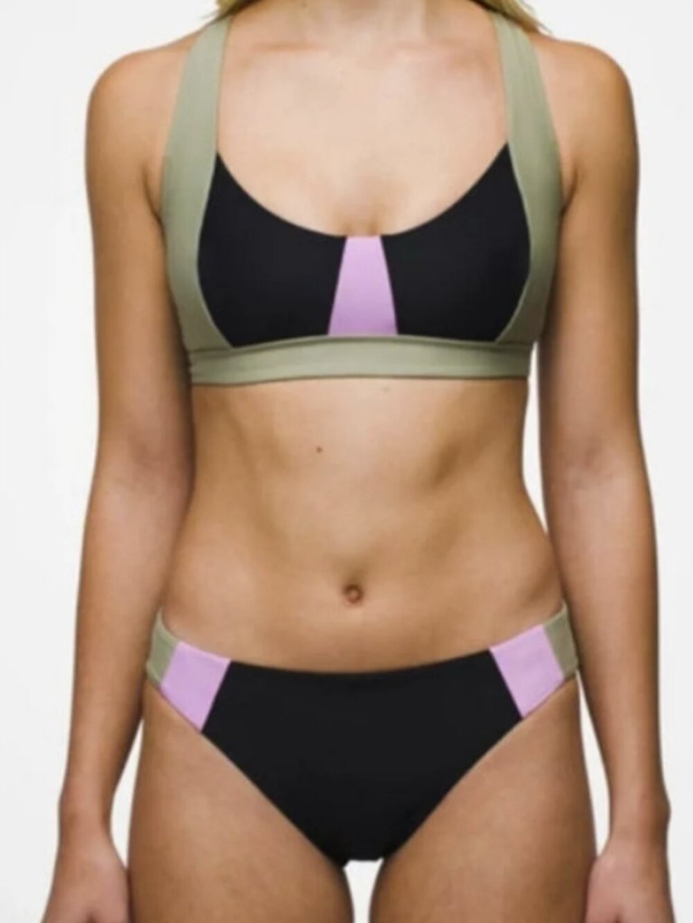 prAna Tulum Color Block In Pink Black Olive Green Criscross Back Swim Set